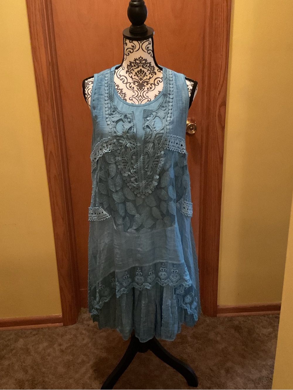 Boho Lace Overlay Sleeveless Dress - Blue